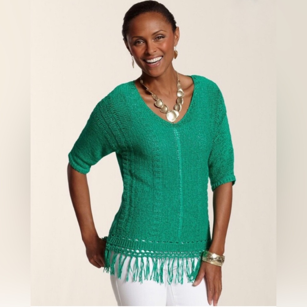 Chicos Kelly Green Boho Open Knit Fringe Pullover Shirt